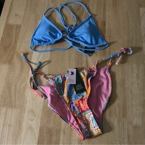 Swimsuit Tie Bottoms Triangle Bikini Top Small Blue Bright Colors Sun Pineapple